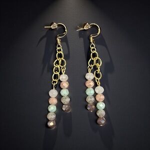 Gold Tone Chain Dangle Earrings with Multi-Colored Beads